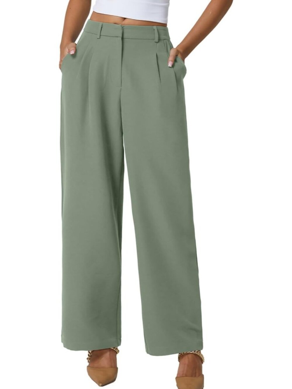 Women's Green High Waisted Wrinkle Free Wide Leg Casual Slack Dress Pants